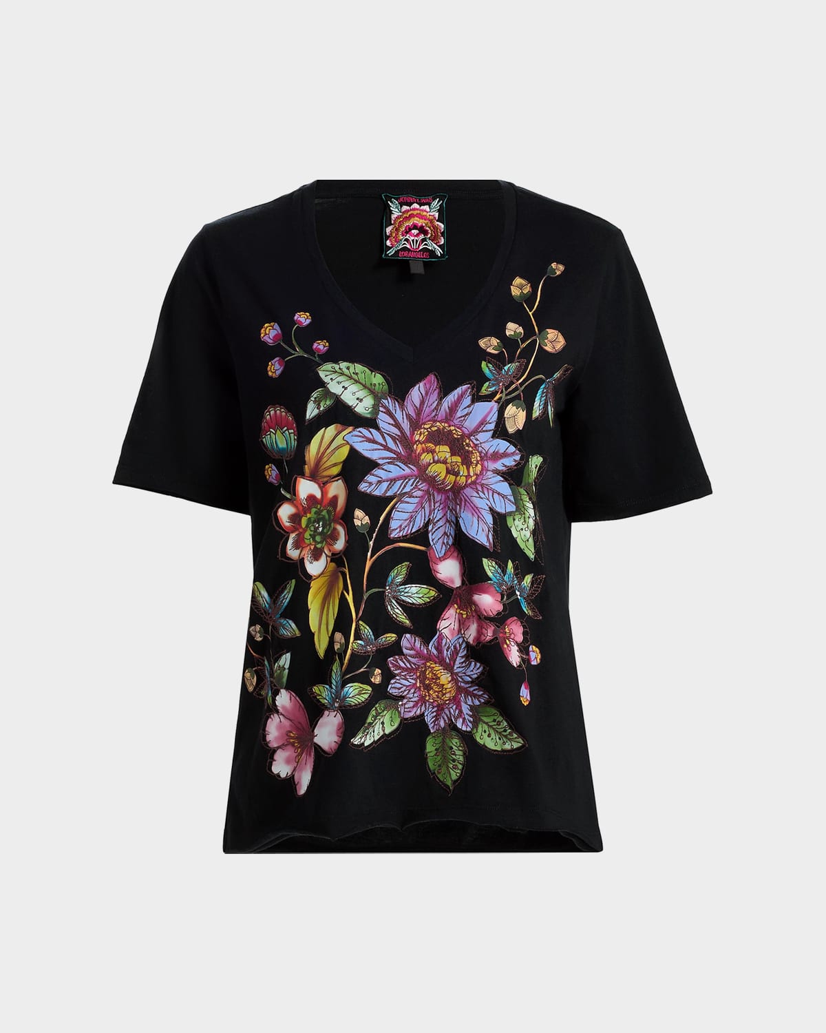 Johnny Was Raw-Cut Floral Embroidered Cotton T-Shirt