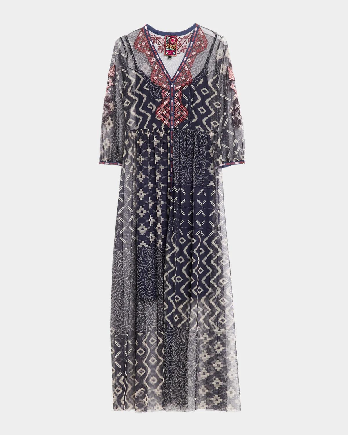 Johnny Was Theia Patchwork-Print Mesh Maxi Dress