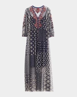 Johnny Was Theia Patchwork-Print Mesh Maxi Dress