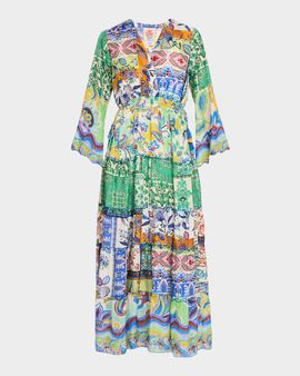Johnny Was Tiered Patchwork-Print Silk Maxi Dress