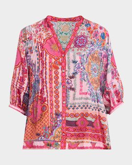 Johnny Was Vacanza Pintuck Floral-Print Silk Blouse