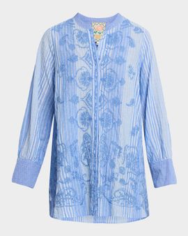 Johnny Was Voyager Embroidered Striped Cotton Tunic