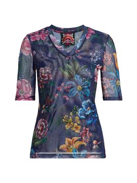Johnny Was Women's Floral Mesh V-Neck Top