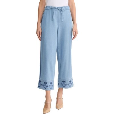 Jones New York Jones New York Embroidered Border High Waist Crop Wide Leg Drawstring Jeans