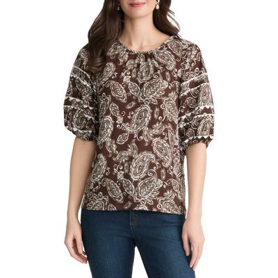 Jones New York Jones New York Scalloped Trim Puff Sleeve Stretch Cotton Top