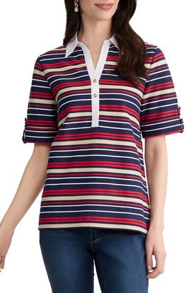Jones New York Jones New York Stripe Roll Tab Cuff Polo