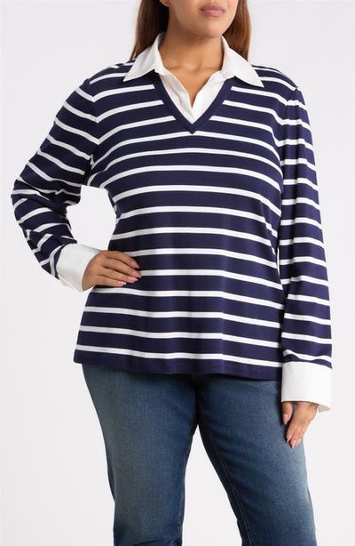 Jones New York Jones New York Striped Cotton V-Neck Top with Poplin Trim