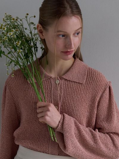 JOORTI Boucle Collared Cardigan - Pink