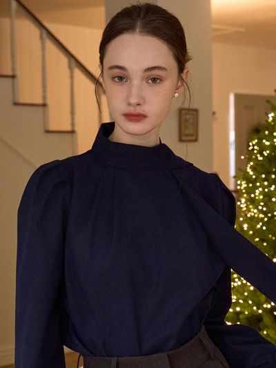 JOORTI Tie-neck Pearl Button Puff Blouse [Navy] (J1648)