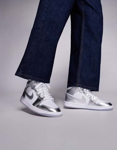 Jordan Nike Air Jordan 1 Mid SE sneakers in metallic silver and white