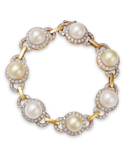 Jorge Adeler Jorge Adeler 18K Yellow Gold Sea Cultured South Sea Pearl & Diamond Halo Link Bracelet, 3.49 tcw