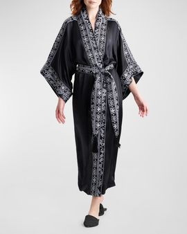 Josie Natori Ysobel Floral-Embroidered Silk Robe