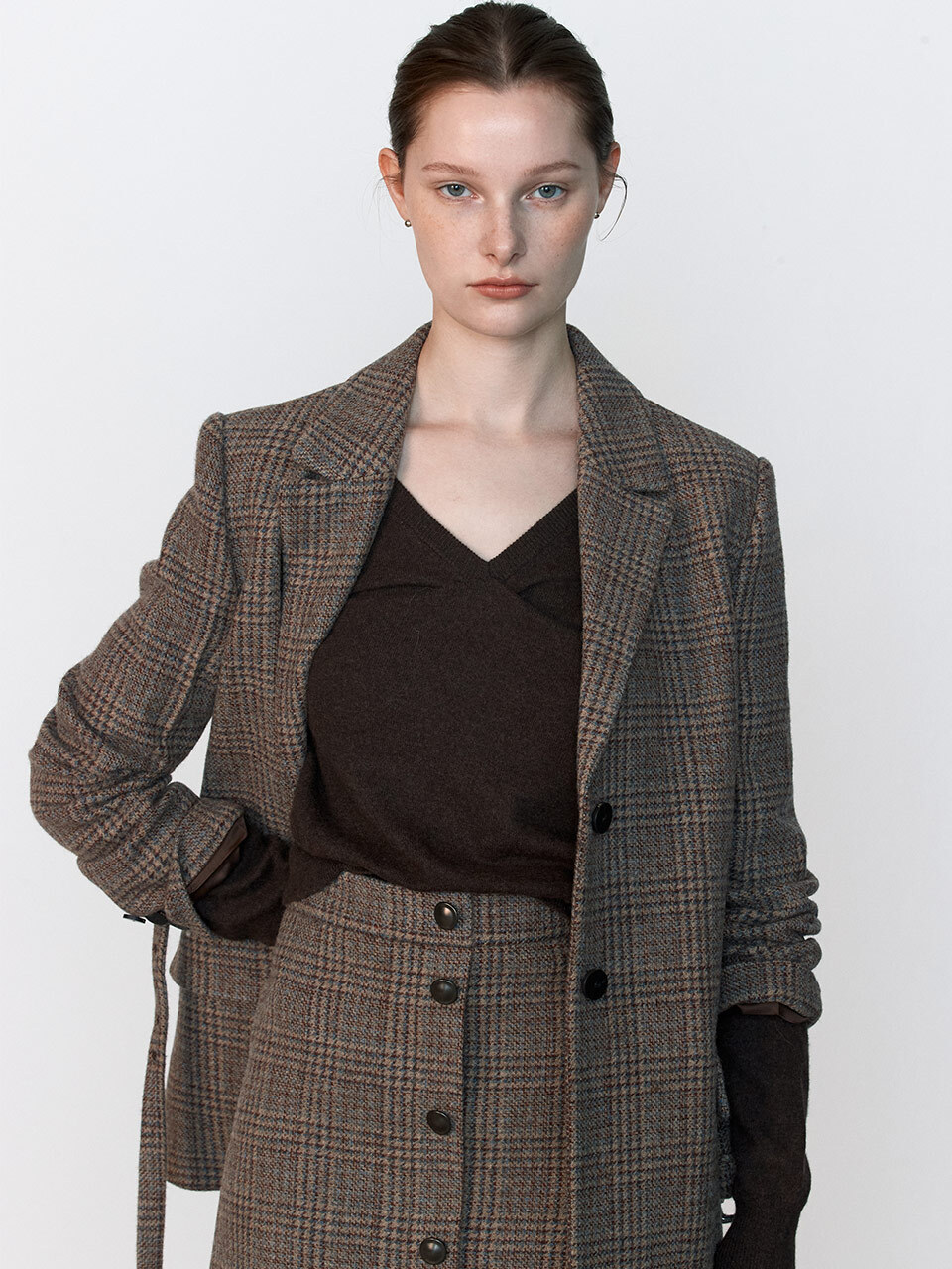 JOY GRYSON Breasted Tailored Belted Check Jacket_Brown Check