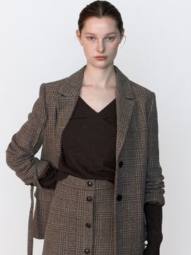 JOY GRYSON Breasted Tailored Belted Check Jacket_Brown Check