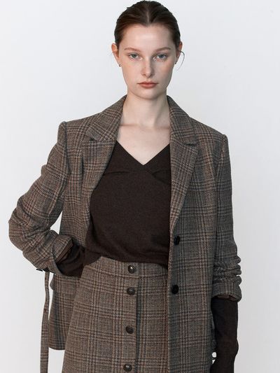 JOY GRYSON Breasted Tailored Belted Check Jacket_Brown Check