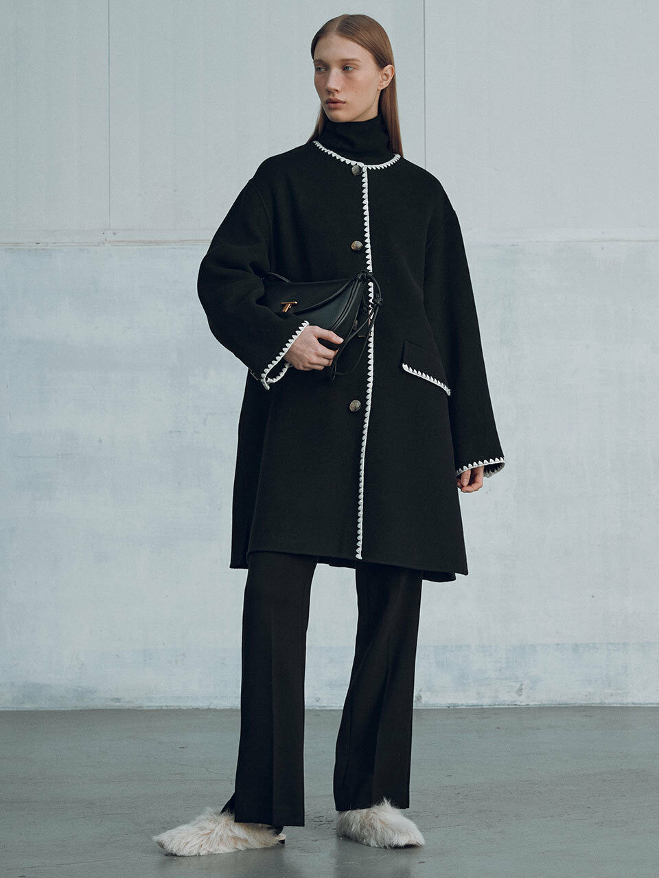 JOY GRYSON Cashmere Blend Handmade Coat With Muffler_Black