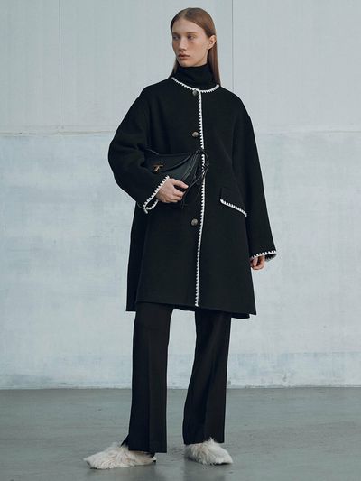 JOY GRYSON Cashmere Blend Handmade Coat With Muffler_Black