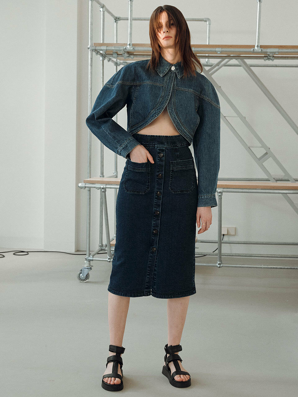 JOY GRYSON Classic Denim Midi Skirt_Blue