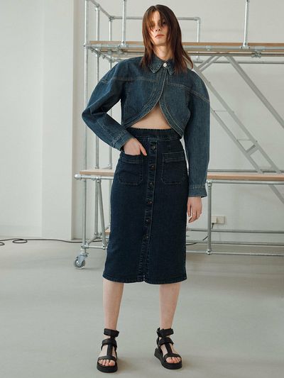 JOY GRYSON Classic Denim Midi Skirt_Blue
