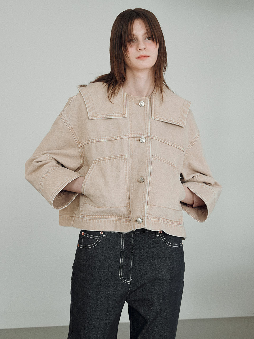 JOY GRYSON Denim Hood Trucker Jacket_Light Beige