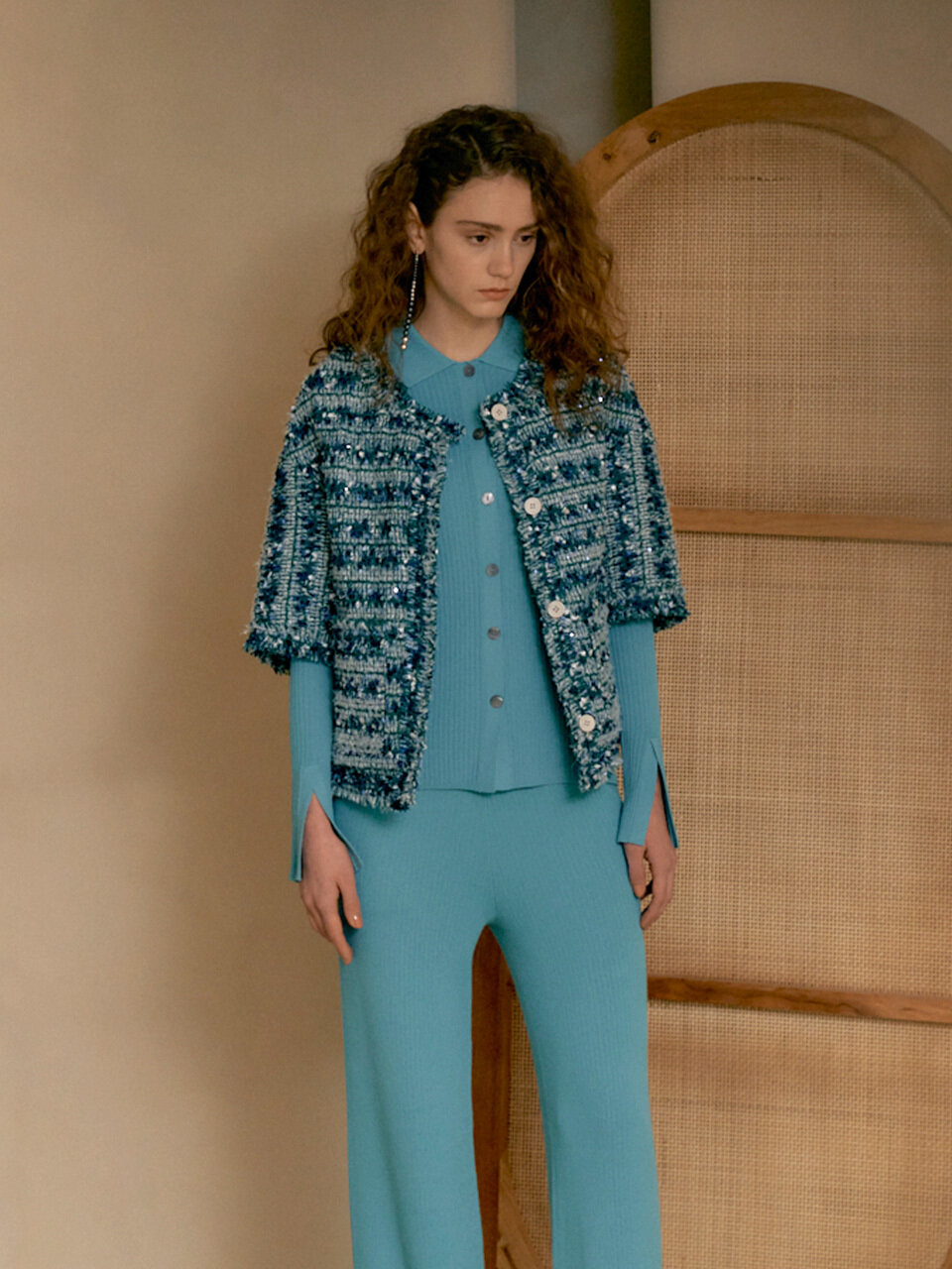 JOY GRYSON Half-sleeved Tweed Jacket (Green Multi)