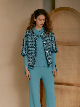JOY GRYSON Half-sleeved Tweed Jacket (Green Multi)