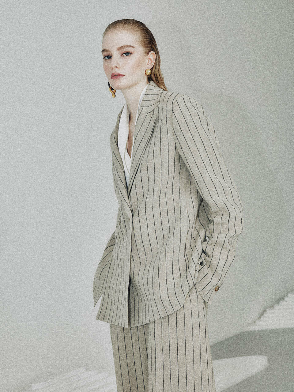 JOY GRYSON Linen Stripe Double Jacket (Beige and Stripe)