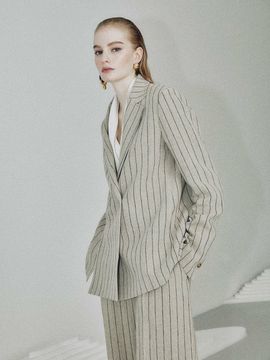 JOY GRYSON Linen Stripe Double Jacket (Beige and Stripe)
