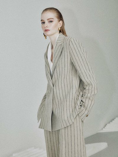JOY GRYSON Linen Stripe Double Jacket (Beige and Stripe)