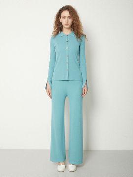 JOY GRYSON Pull on Wide Leg Ribbed Pants (Lupin Blue)