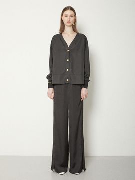 JOY GRYSON Satin Slit Wide Pants (Black)
