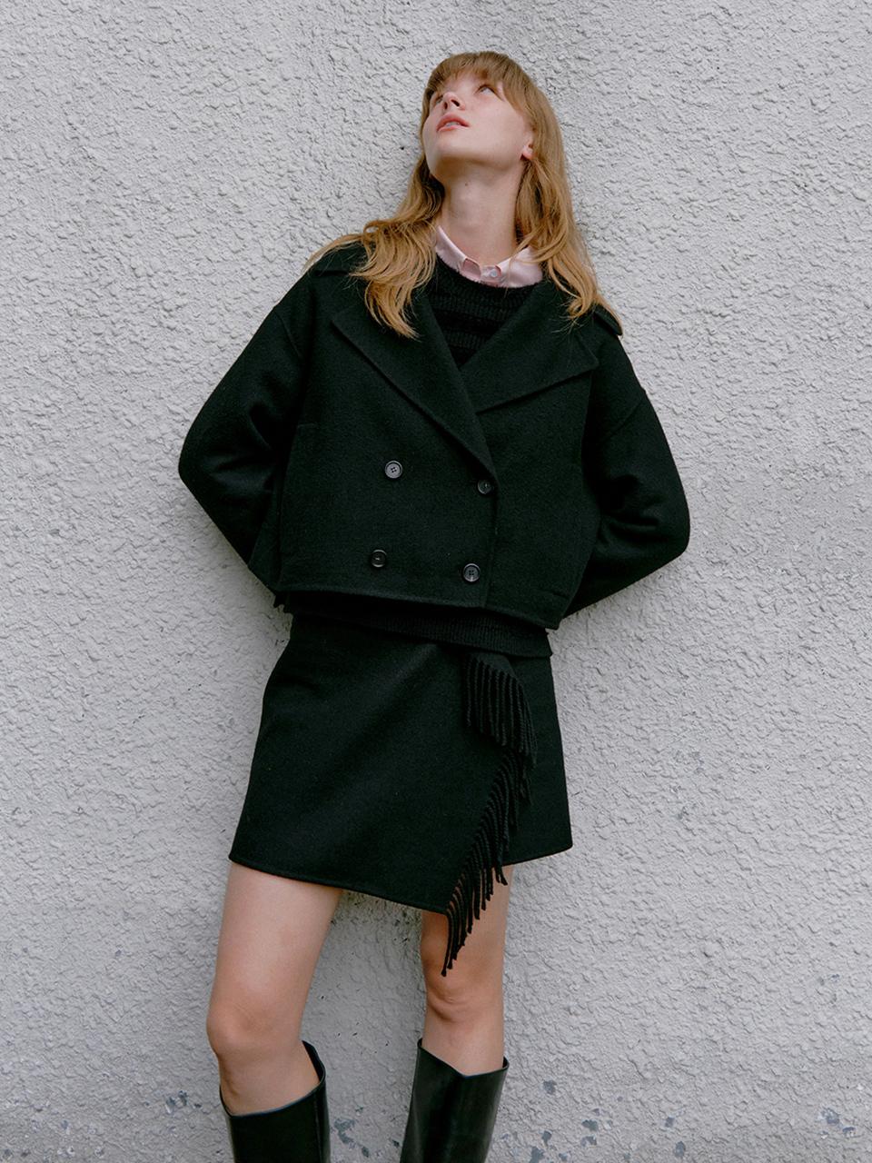 JOY GRYSON [SET] Handmade wool Short Coat +Fringe Wrap Mini S