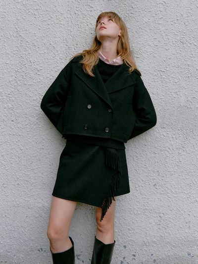 JOY GRYSON [SET] Handmade wool Short Coat +Fringe Wrap Mini S