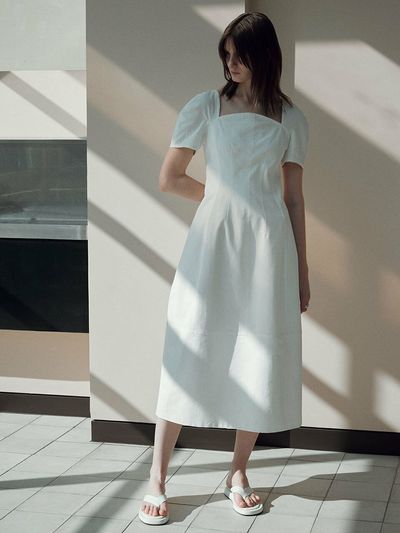 JOY GRYSON Square Neck Long Flare Dress_White