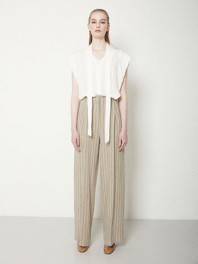 JOY GRYSON Stripe Linen Wide Pants (Beige and Stripe)