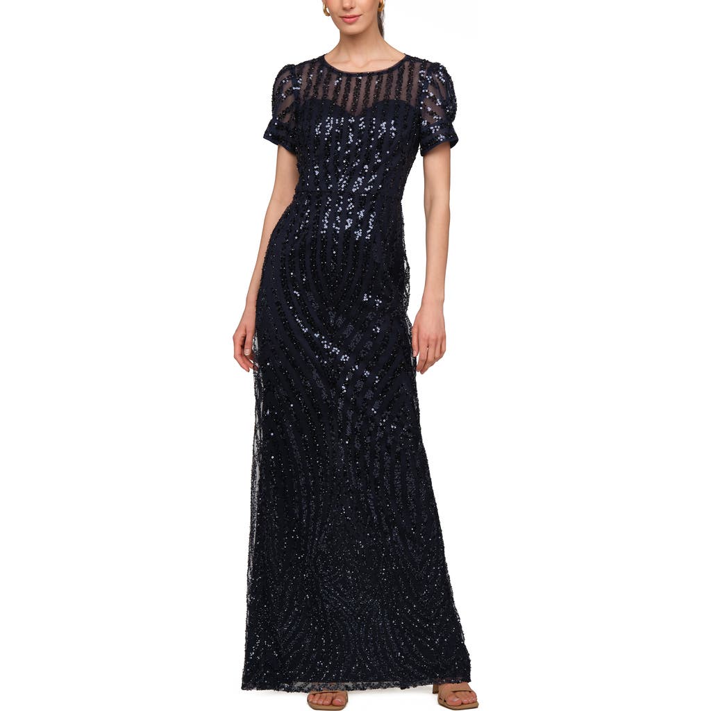 JS Collections JS Collections Ivetta Sequin Stripe Illusion Neck Column Gown