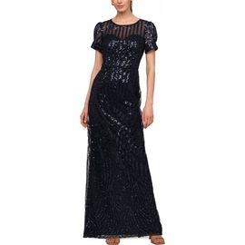 JS Collections JS Collections Ivetta Sequin Stripe Illusion Neck Column Gown