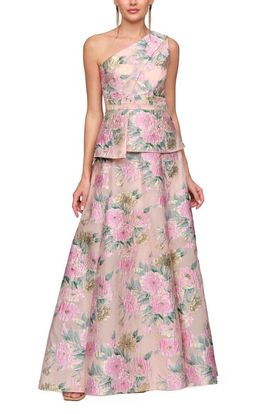 JS Collections JS Collections Mia One Shoulder Floral Metallic Jacquard Peplum Gown