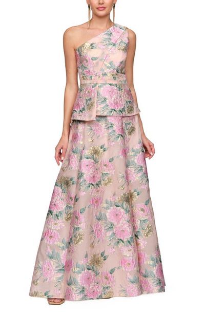 JS Collections JS Collections Mia One Shoulder Floral Metallic Jacquard Peplum Gown