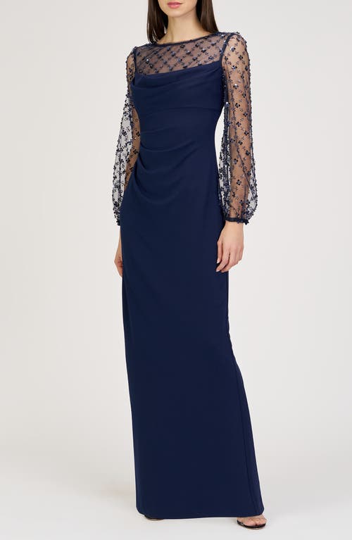 JS Collections JS Collections Risha Metallic Floral Appliqué Detail Long Sleeve Crepe Column Gown