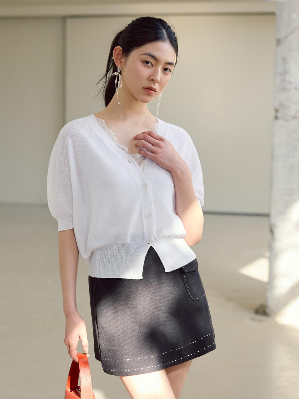 JUARR Linen V-neck Wholegarment Short Knit Cardigan