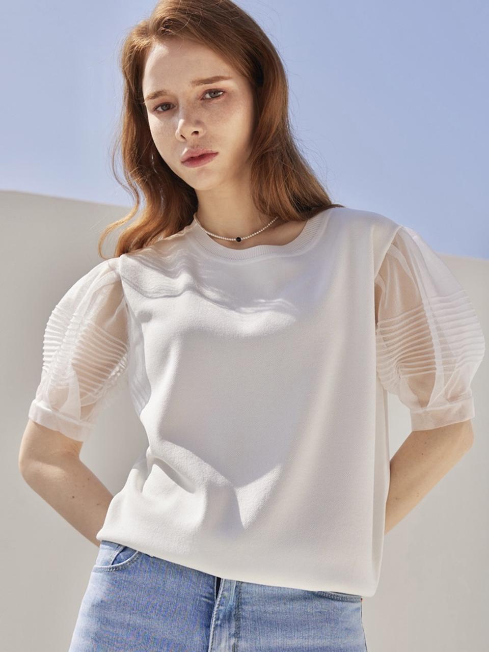 JUARR See-Through Short-Sleeved Puff Knit T-shirt_JESKN0