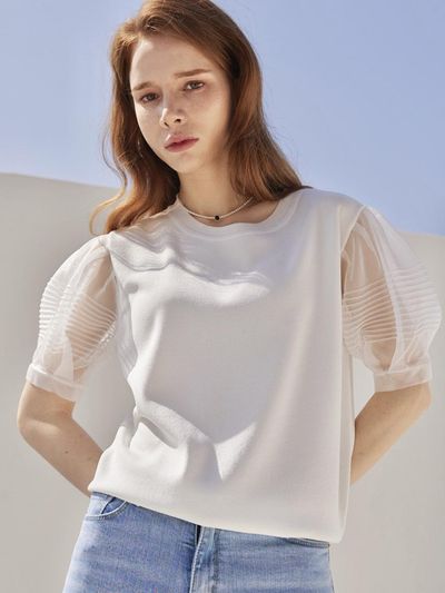 JUARR See-Through Short-Sleeved Puff Knit T-shirt_JESKN0