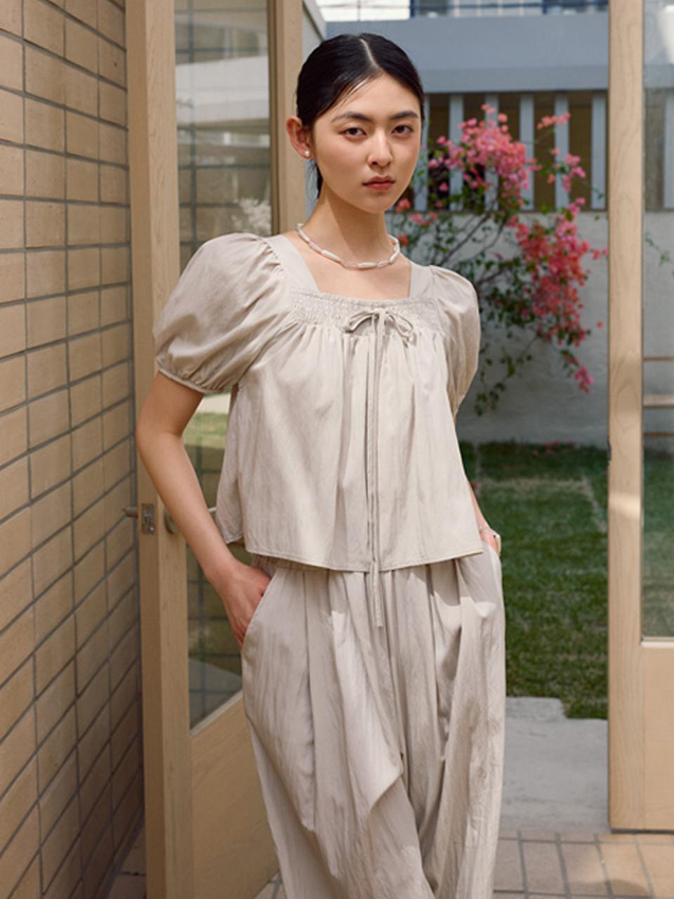 JUARR [SET] Smocked Shirred Crop Blouse & Wide Pants