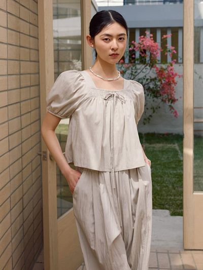 JUARR [SET] Smocked Shirred Crop Blouse & Wide Pants