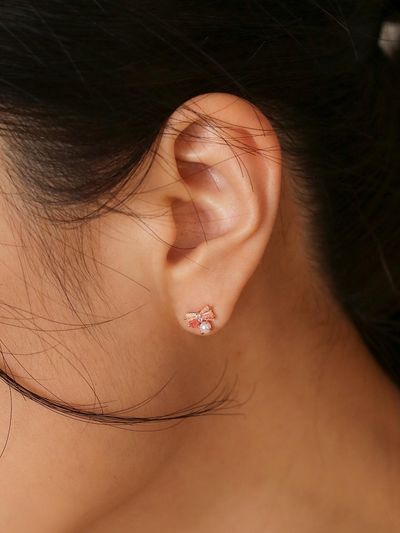 JUDY AND PAUL Diana PINK and White Crystal Pearl Ribbon Earrings