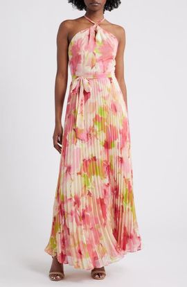 Julia Jordan Julia Jordan Floral Pleated Chiffon Halter Dress