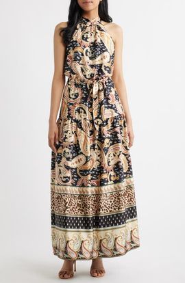 Julia Jordan Julia Jordan Paisley Print Stretch Satin Maxi Dress