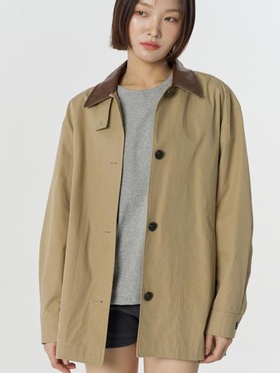 JULIAPEPE Leather Collar Oversized Cotton-Nylon Hunting Jacket [Brown]
