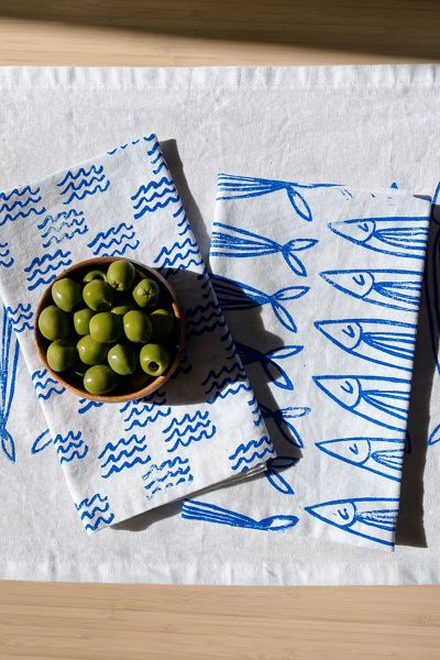 Julie Peach Julie Peach Block Printed Sardines Napkins in White at Urban Outfitters